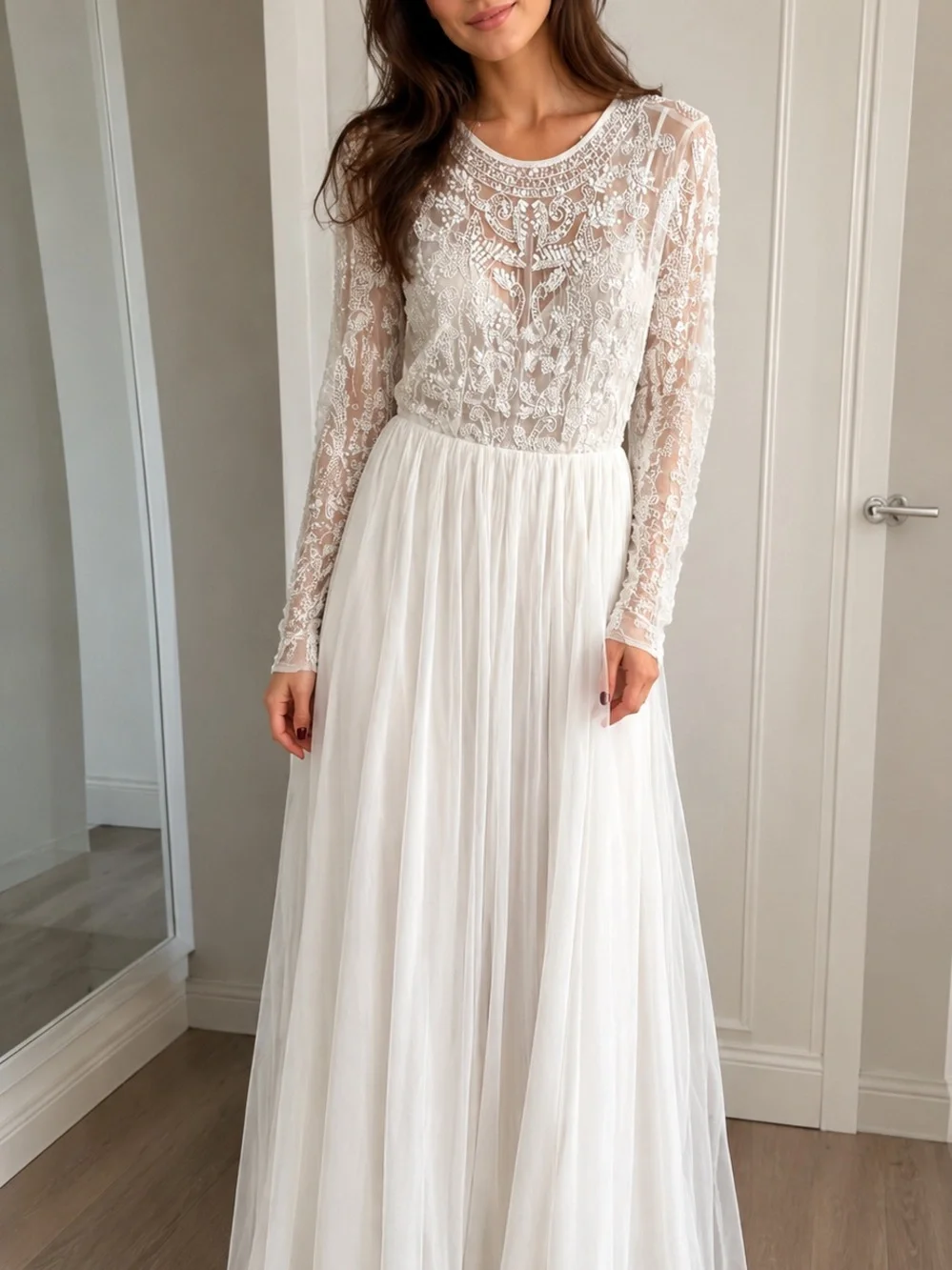 ASOS White Lace Long-Sleeve Tulle Maxi Wedding Dress